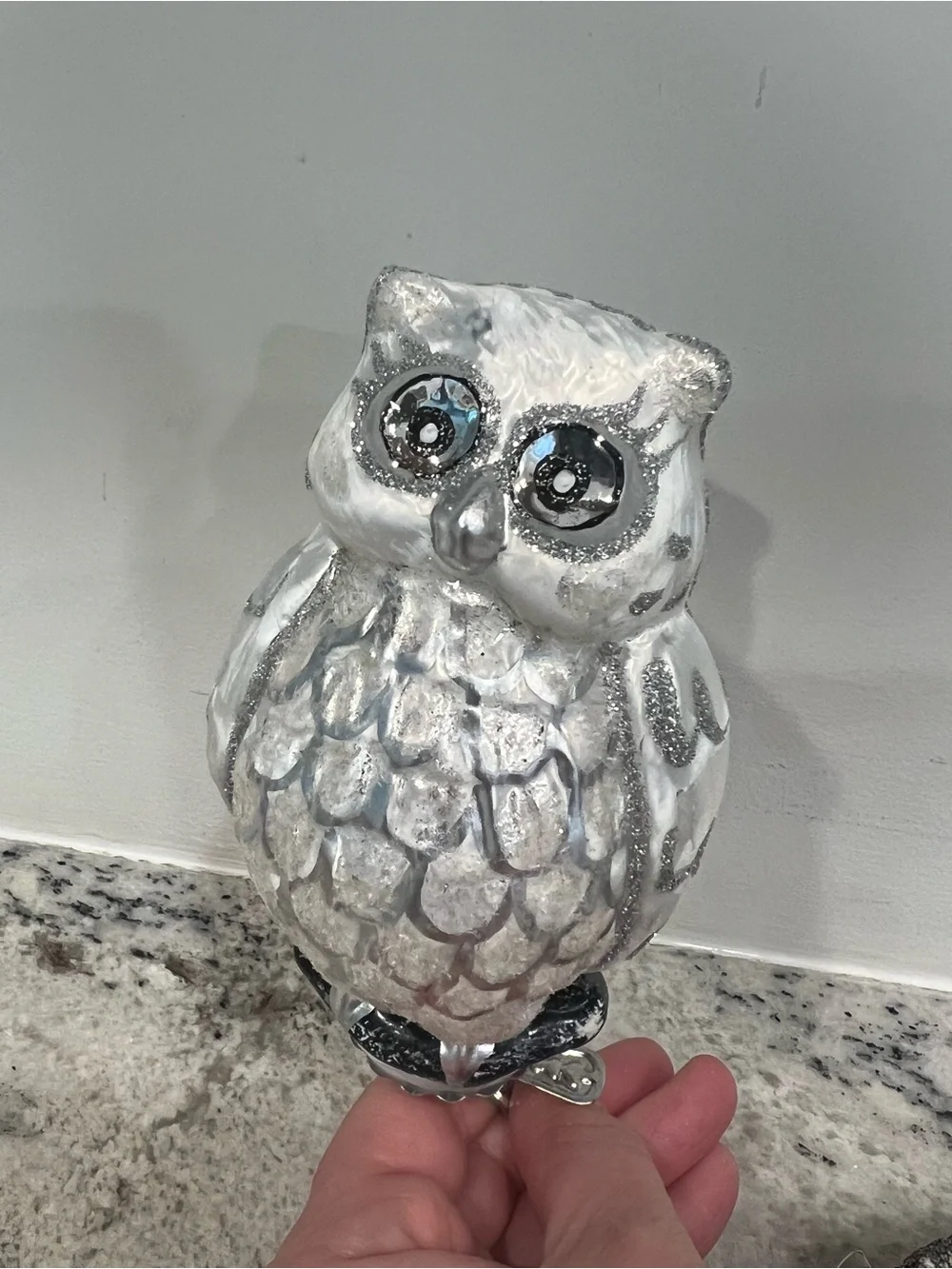 Large Vintage Silver and White Decorative glass Owl with clip ornament or decor